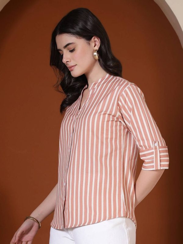 KALPHEM Women Striped Casual Pink, White Shirt