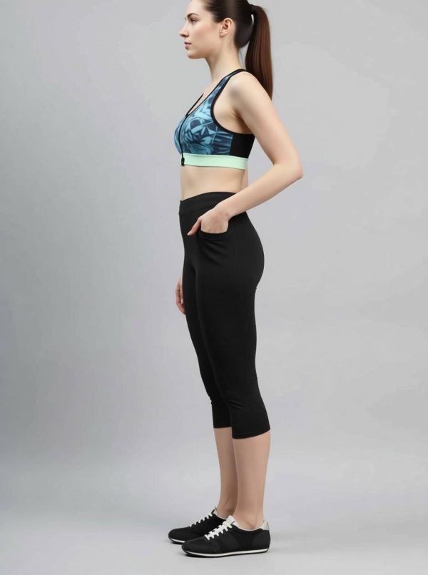 KGN HUB Women Solid Black Capri Leggings with Pocket for Gym & Yoga Women Black Capri
