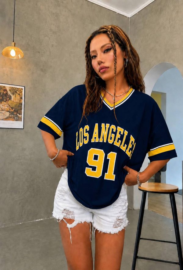 kshs Printed Women V Neck Blue T-Shirt