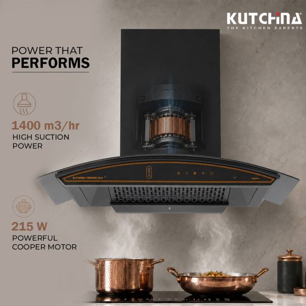 Kutchina Virgose DLX 90 1400 CMH 90 cm Motion Sensor Control Touch Control Auto Clean Powerful suction Low Noise Auto Clean Chimney