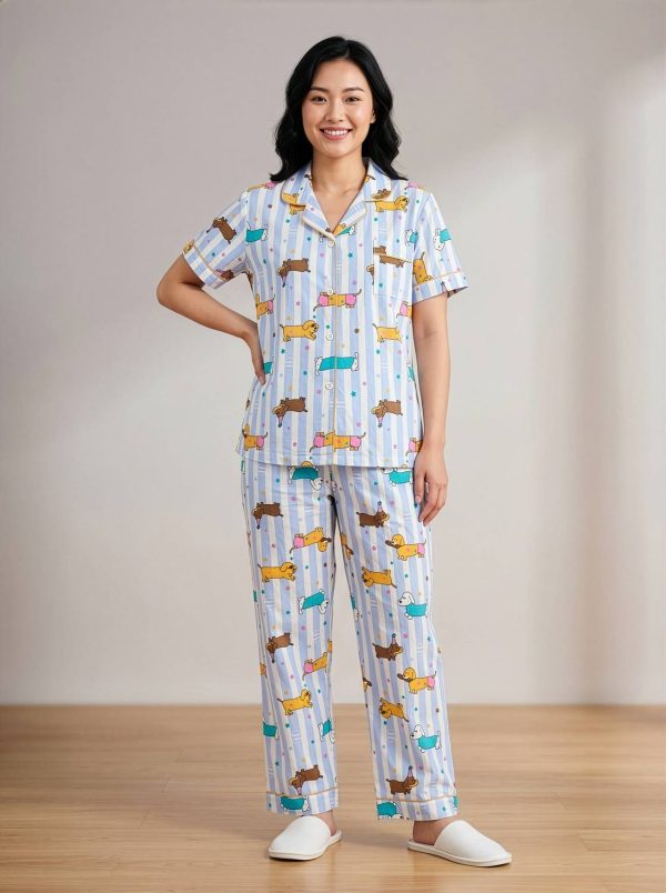 Lugo Women Printed Beige, Blue Night Suit Set