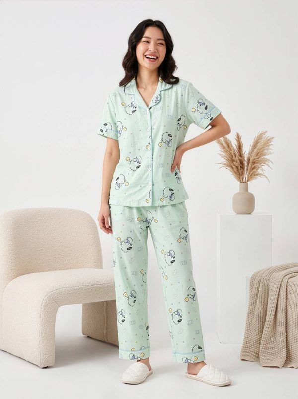 Lugo Women Printed Light Green Night Suit Set
