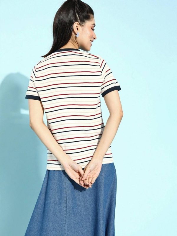 Mast & Harbour Striped Women Round Neck White T-Shirt