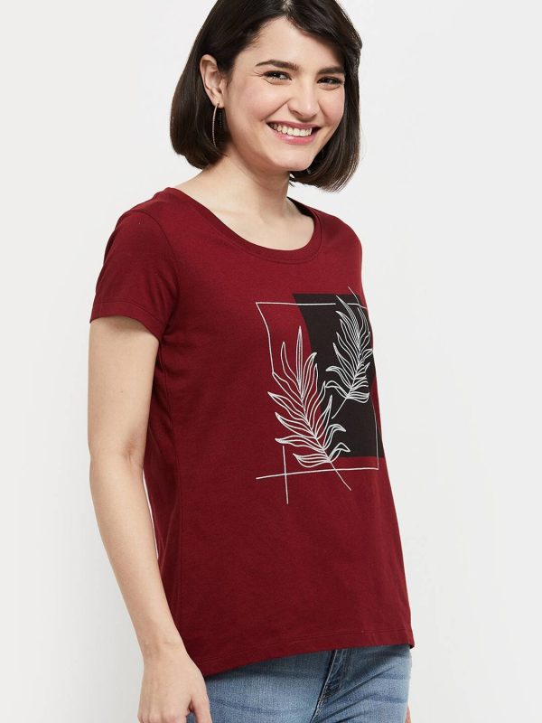 MAX Printed Women Round Neck Maroon T-Shirt