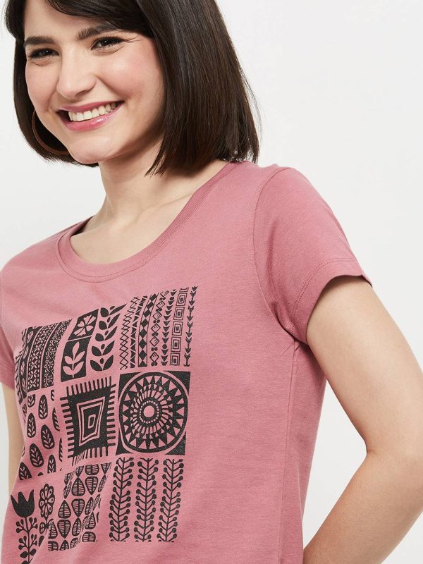 MAX Printed Women Round Neck Pink T-Shirt