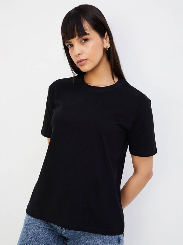 MAX Solid Women Round Neck Black T-Shirt