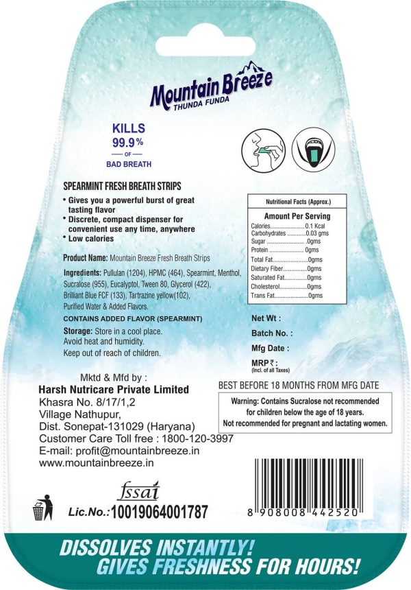 Mountain breeze Sugar-Free Spearmint Fresh Breath Strips 3*( 24 Strips ) Blister Pack Sugar-Free Spearmint Mouth Freshener