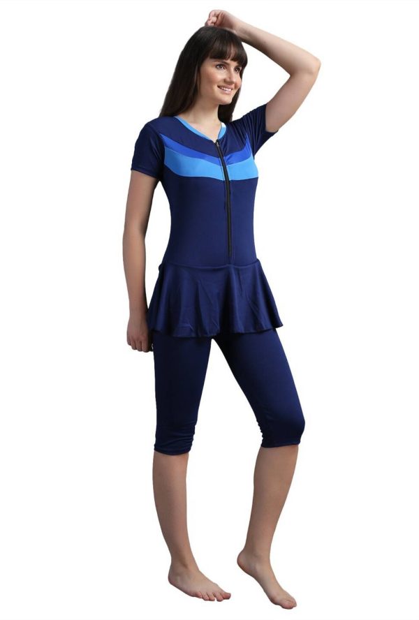 N-gal Front Zip Knee Length Padded One Piece Swimsuits Swimming Costume Solid Women Swimsuit
