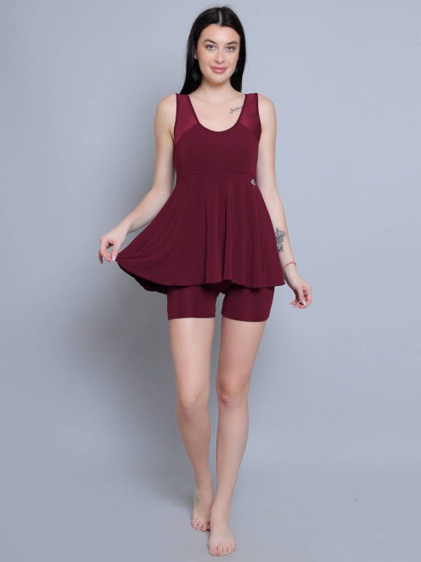 N-gal N-Gal Frock Style With Inner Short Padded One Piece Swimming Costume_Wine Solid Women Swimsuit