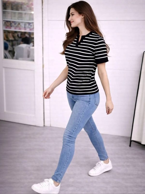 Nilan Tees Wear Striped Women Henley Neck White, Black T-Shirt
