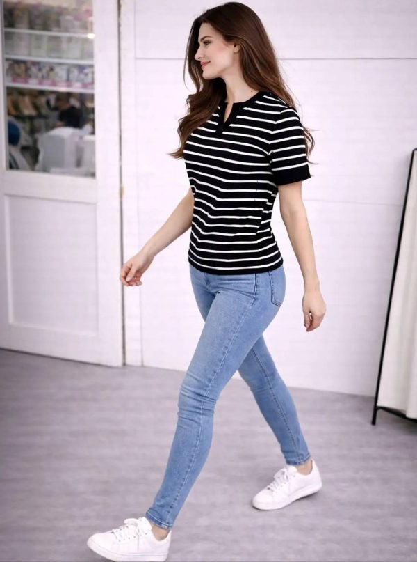 Nilan Tees Wear Striped Women Henley Neck White, Black T-Shirt