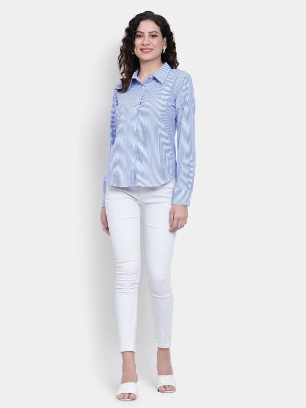 Nksa Fashion Women Striped Casual Blue, White Shirt