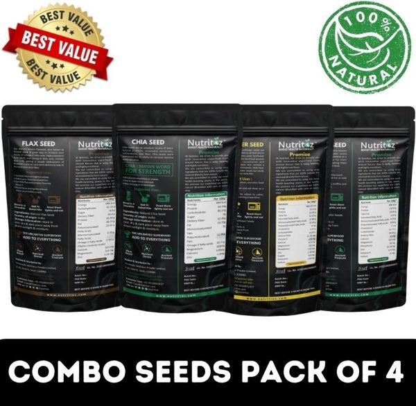 Nutritoz Raw Chia Seeds, Flax, Pumpkin & Sunflower Seeds Combo 50GM Pack of 4 Chia Seeds, Brown Flax Seeds, Pumpkin Seeds, Sunflower Seeds