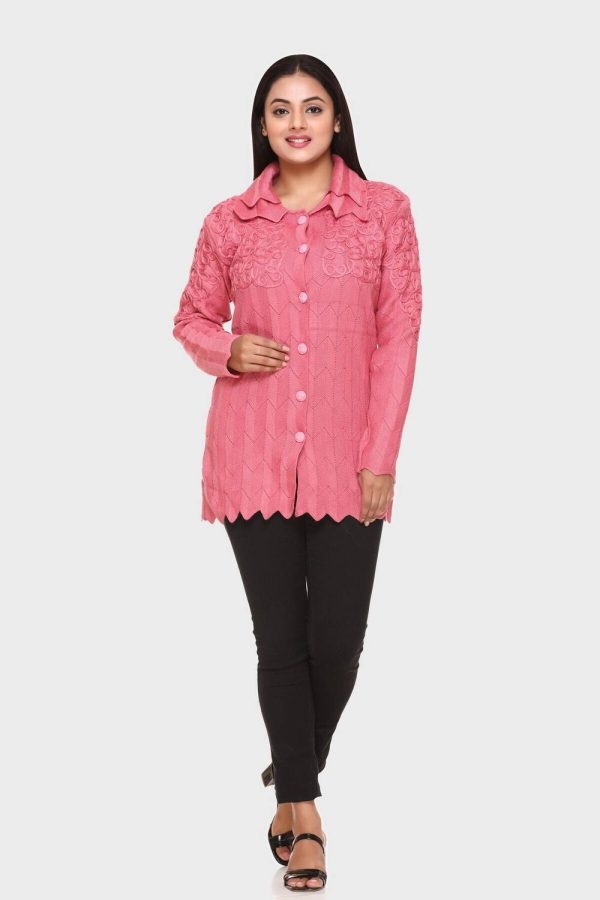 Ozarro Embroidered Collared Neck Casual Women Pink Sweater