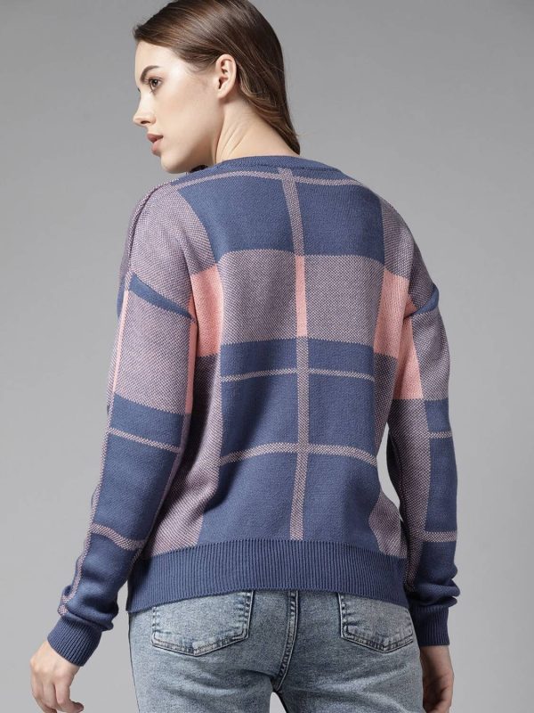 Roadster Checkered Round Neck Casual Women Blue Sweater