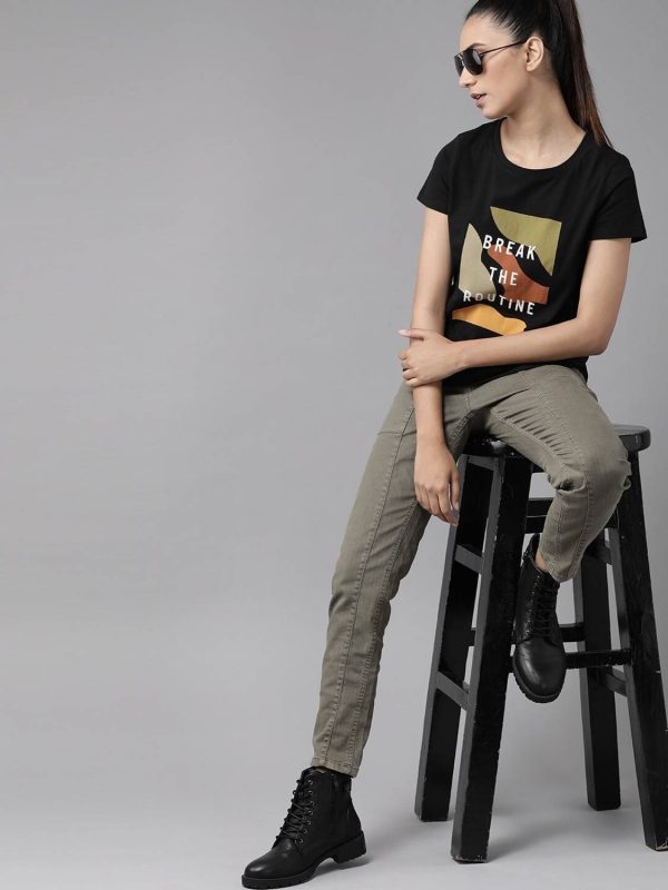 Roadster Printed Women Round Neck Black T-Shirt
