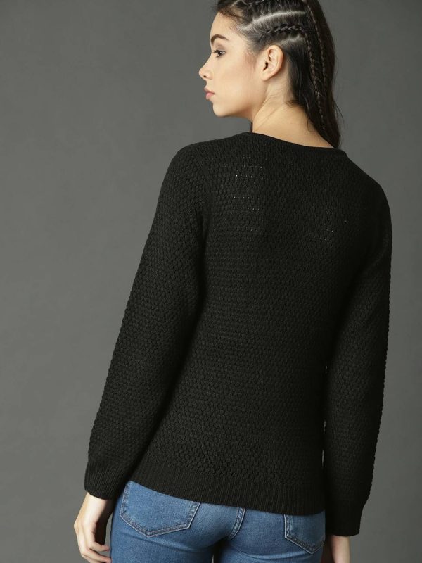 Roadster Self Design Round Neck Casual Women Black Sweater