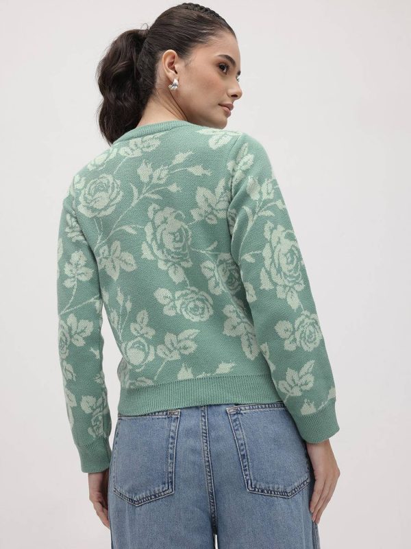 Roadster Self Design Round Neck Casual Women Green Sweater