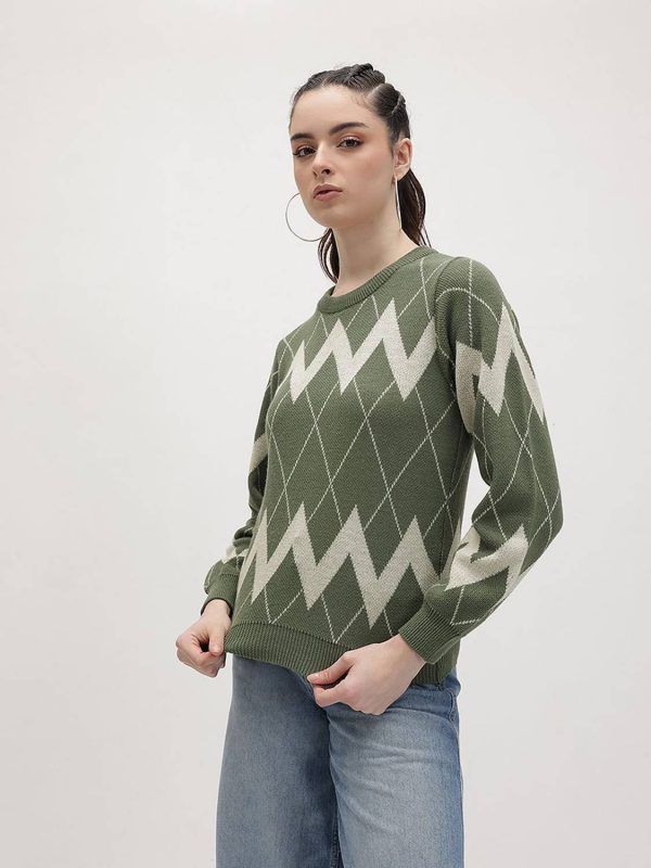 Roadster Self Design Round Neck Casual Women Green Sweater