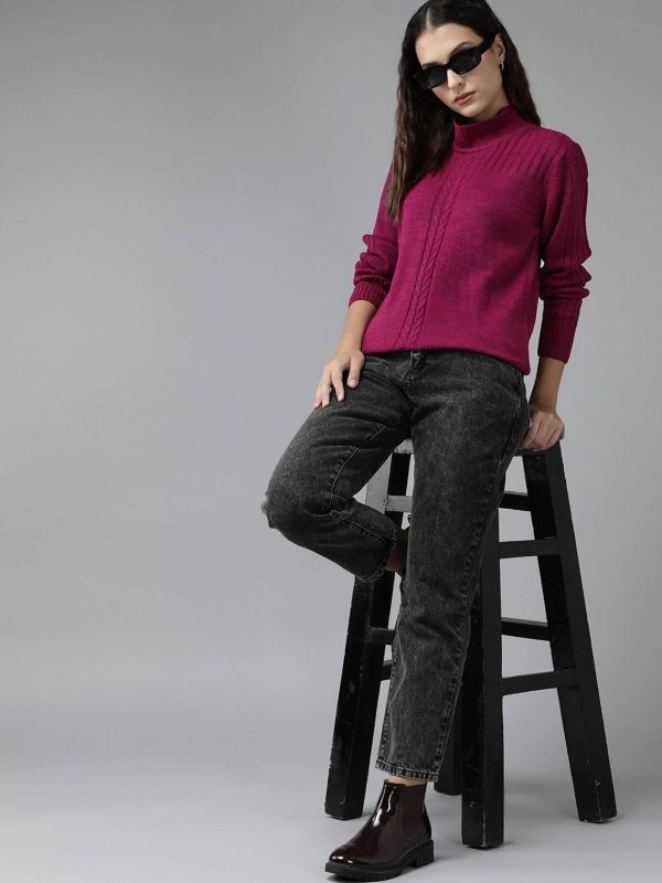 Roadster Self Design Turtle Neck Casual Women Pink Sweater