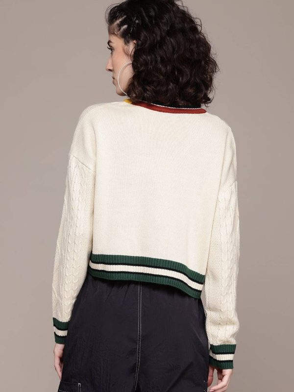 Roadster Self Design V Neck Casual Women Beige Sweater