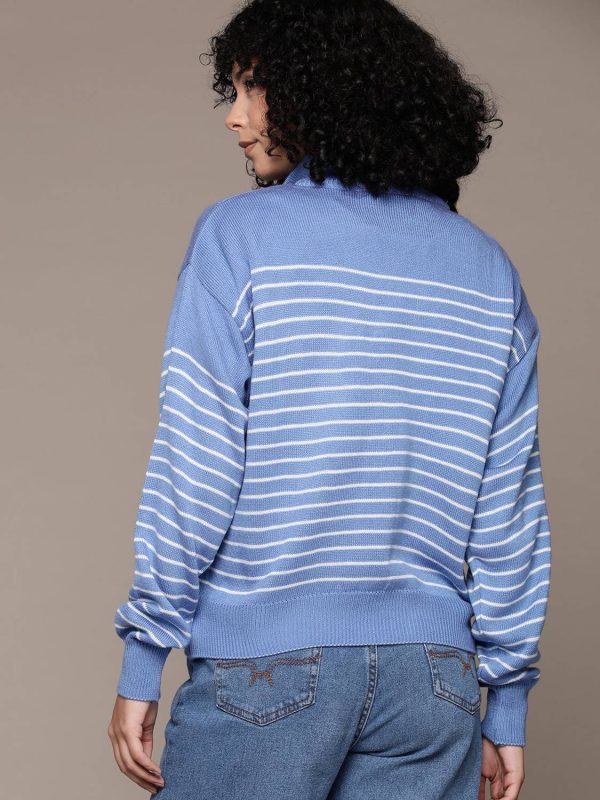 Roadster Striped High Neck Casual Women Blue Sweater
