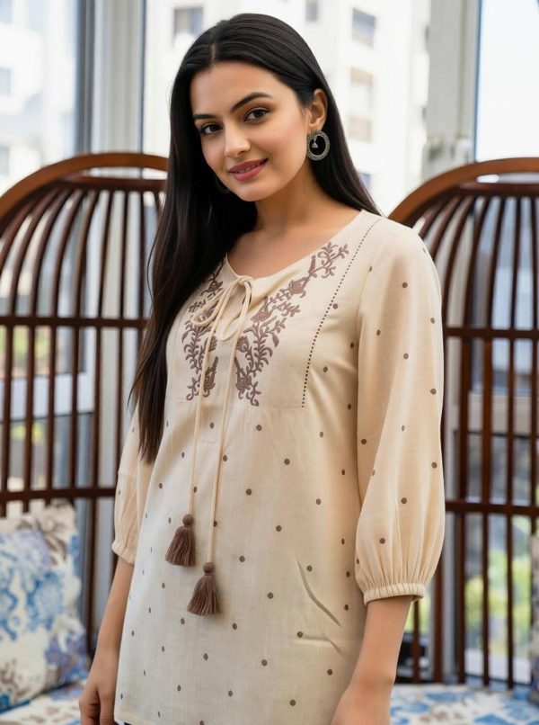 RR SA KURTIS Casual Embroidered Women Beige Top