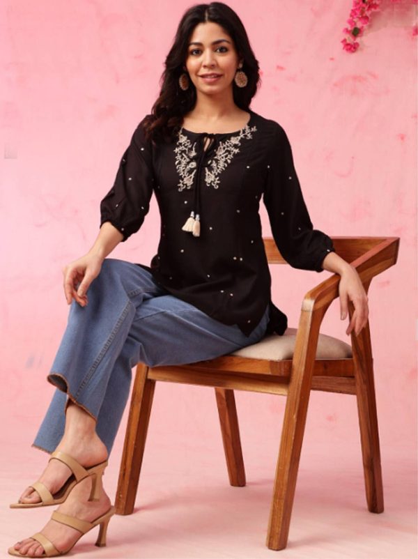 RR SA KURTIS Casual Embroidered Women Black Top
