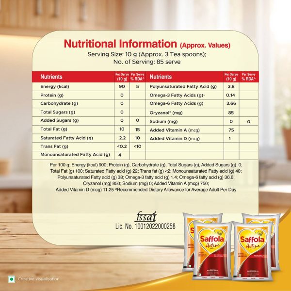 Saffola Active Rice Bran & Soyabean Refined Cooking Oil Rich in Omega 3 & Oryzanol Blended Oil