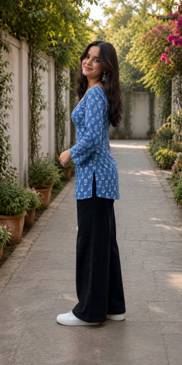SanjuFashion Casual Floral Print Women Light Blue Top