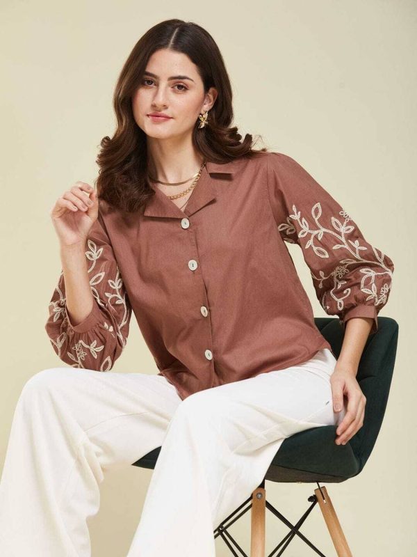 sarswa Casual Embroidered Women Brown Top