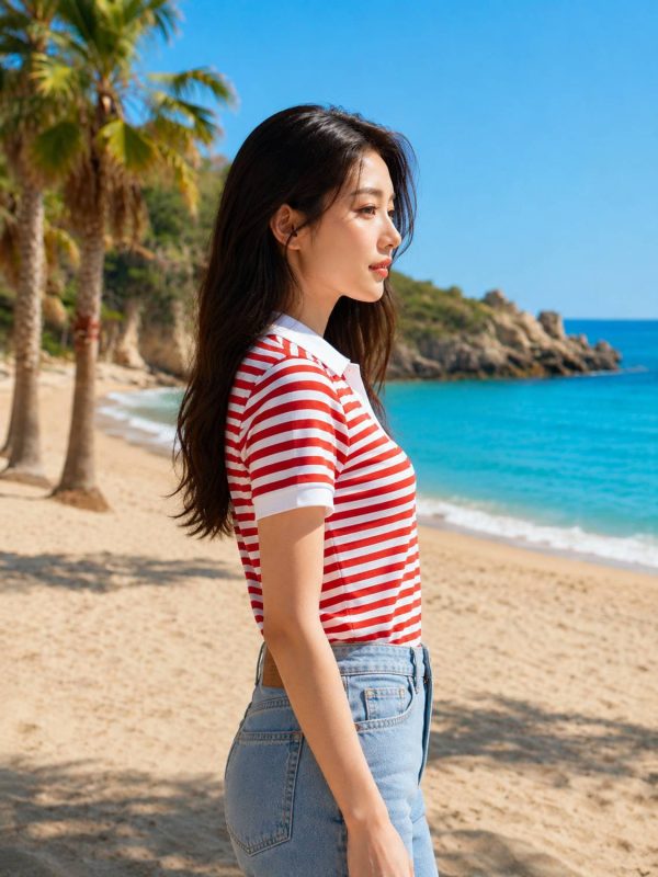 Smart Colors Striped Women Polo Neck Red, White T-Shirt