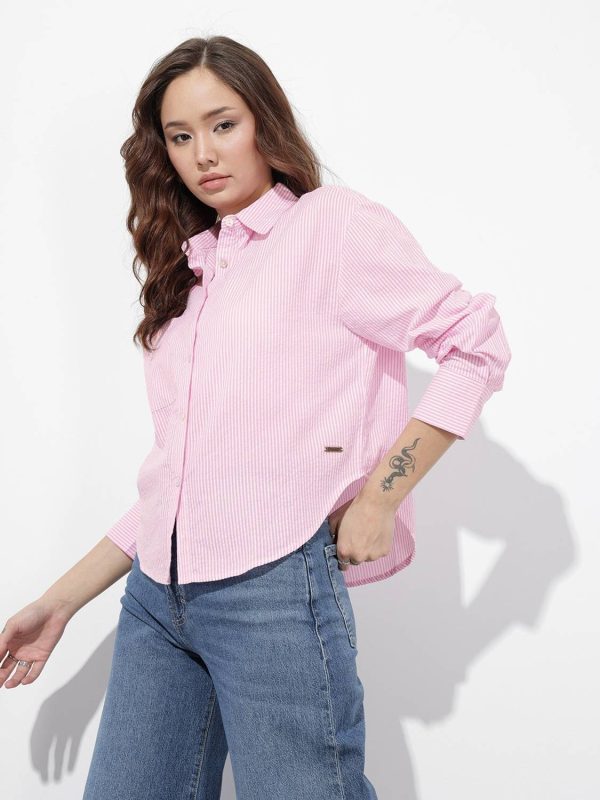SRBCORPORATION Women Striped Casual Pink Shirt