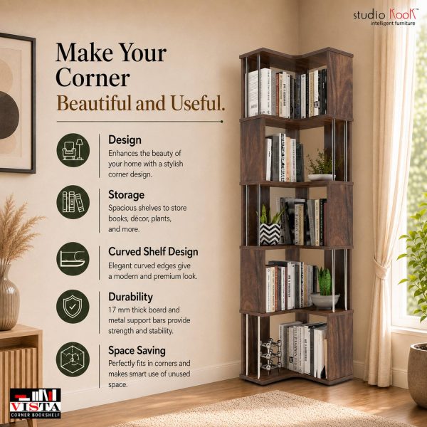 Studio Kook Vista Corner Bookshelf Engineered Wood Open Book Shelf