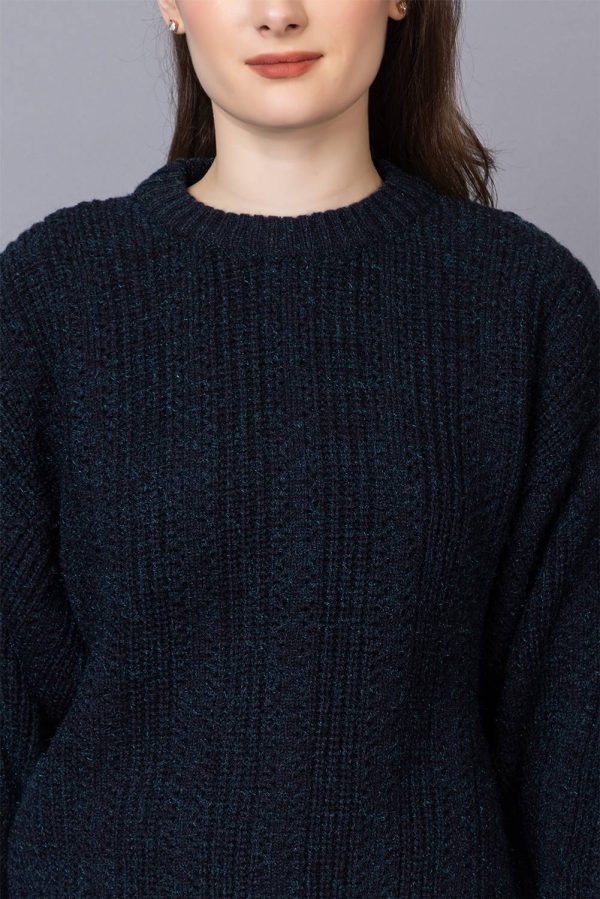 StyleDusk Woven Round Neck Casual Women Dark Blue Sweater