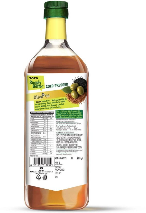 Tata Simply Better Cold Pressed Olive oil + Blend 1L (Extra Virgin Olive + Sesame + Flax Seed) | Blended Oil