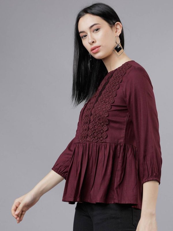 Tokyo Talkies Casual 3/4 Sleeve Solid Women Maroon Top