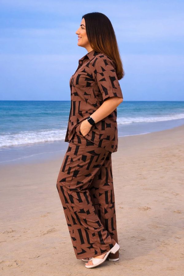 Trade Zone Women Abstract Brown Shirt & Pyjama set
