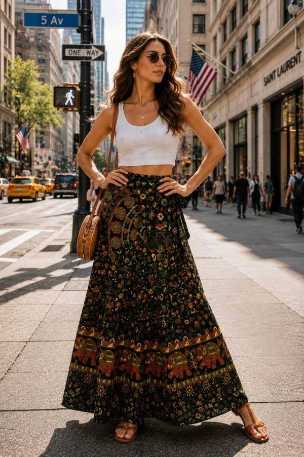 UrbanEra Printed Women Flared Green Skirt