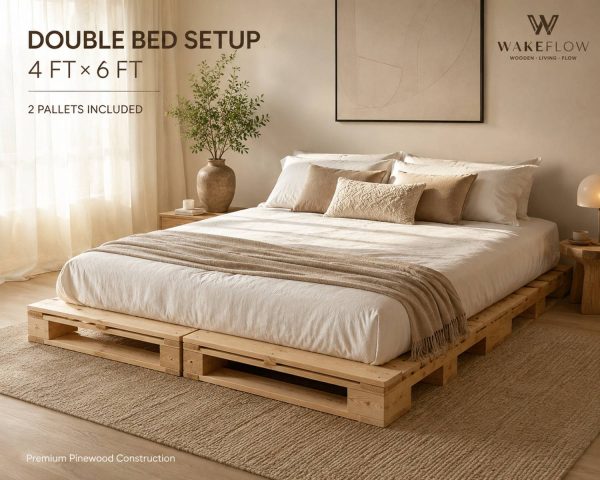 Wakeflow Nordic Solid Pine Wood Pallet Bed Minimalist Platform Floor Frame Natural Finish Solid Wood Double Bed, 122 cm x 92 cm (4.0 ft x 3.02 ft)