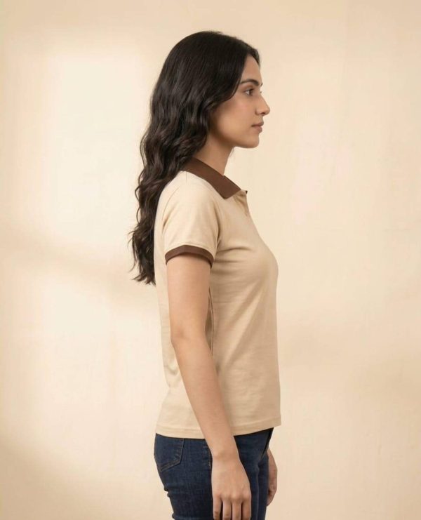 ytrick Solid Women Polo Neck Beige T-Shirt