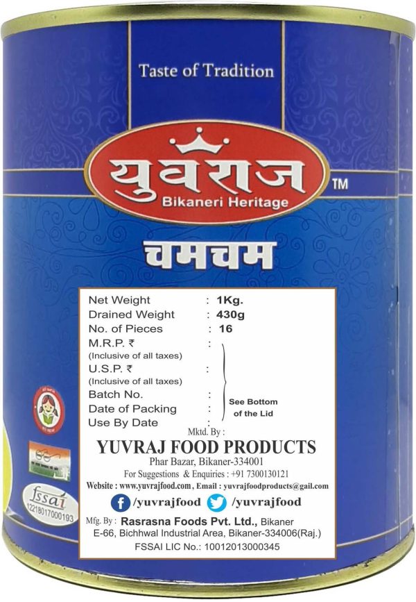 Yuvraj Food Product Cham Cham (saffron |kesar ) famous indian mithai 1 kg Tin pack Tin